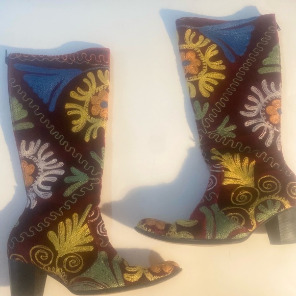 Divine Suzani Embroidered Deep Red Velvet Maximalist Cowboy...
